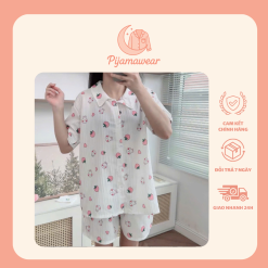 Bộ Pijama nữ tay cộc quần đùi họa tiết dâu tây xinh