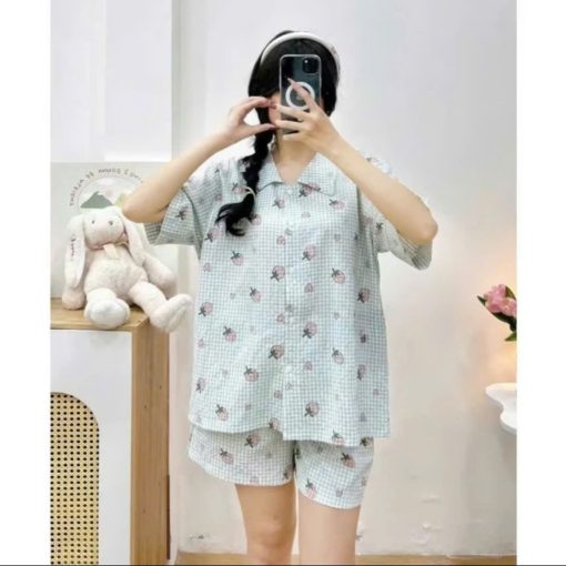 Bộ Pijama nữ tay cộc quần đùi họa tiết dâu tây xinh