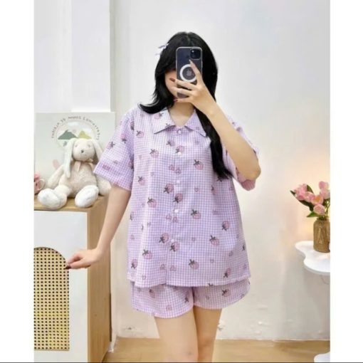 Bộ Pijama Nữ Tay Cộc Quần Đùi Họa Tiết Dâu Tây Cute Mặc Ở Nhà Xinh Xắn