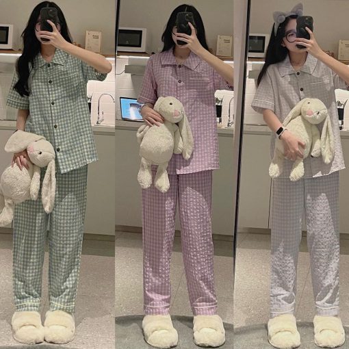 Bộ Pijama Kẻ Xốp Caro Tay Cộc Quần Dài Hot Trend