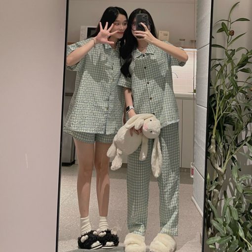 Bộ Pijama Kẻ Xốp Caro Tay Cộc Quần Dài Hot Trend