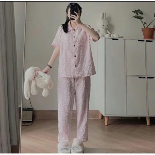 Bộ Pijama Kẻ Xốp Caro Tay Cộc Quần Dài Hot Trend