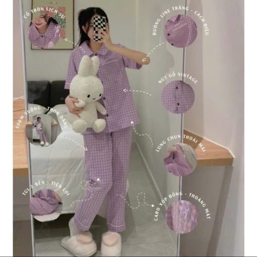 Bộ Pijama Kẻ Xốp Caro Tay Cộc Quần Dài Hot Trend