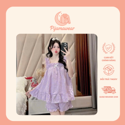Bộ 2 Dây Bản To Pijama Dễ Thương Hoạ Tiết Caro Chất Vải Thoáng Mát