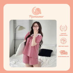 Bộ Đồ Ngủ Kẻ Caro Thắt Nơ Xinh Xắn Áo Tay Cộc Quần Cộc