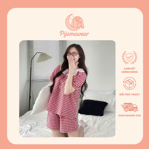 Bộ Đồ Ngủ Kẻ Caro Thắt Nơ Xinh Xắn Áo Tay Cộc Quần Cộc