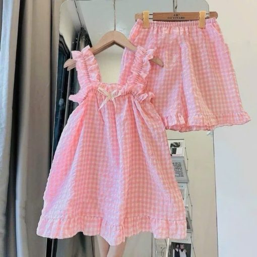 Bộ 2 Dây Bản To Pijama Dễ Thương Hoạ Tiết Caro Chất Vải Thoáng Mát