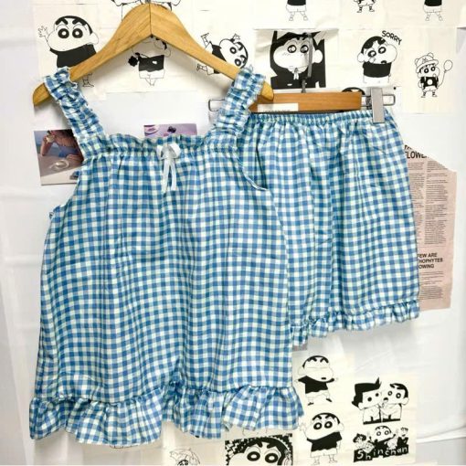 Bộ 2 Dây Bản To Pijama Dễ Thương Hoạ Tiết Caro Chất Vải Thoáng Mát
