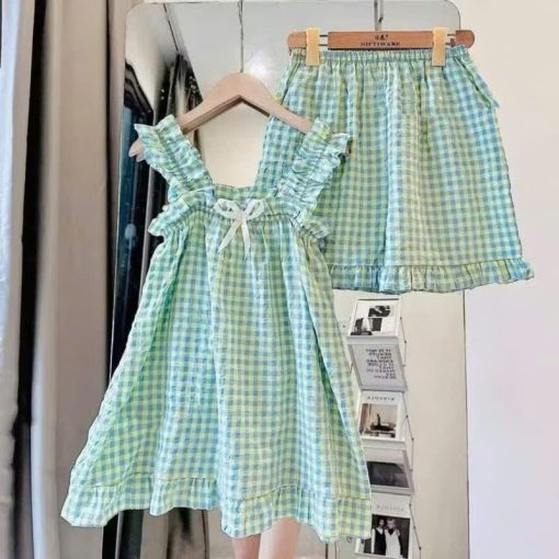 Bộ 2 Dây Bản To Pijama Dễ Thương Hoạ Tiết Caro Chất Vải Thoáng Mát