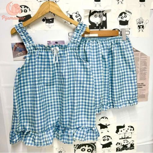 Bộ 2 Dây Bản To Pijama Dễ Thương Hoạ Tiết Caro Chất Vải Thoáng Mát