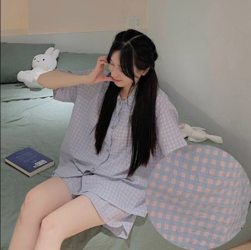 Bộ Đồ Ngủ Pijama Kẻ Caro Quần Ngắn Áo Ngắn Nhiều Màu Chất Đũi Nhăn