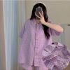 Bộ Đồ Ngủ Pijama Kẻ Caro Quần Ngắn Áo Ngắn Nhiều Màu Chất Đũi Nhăn