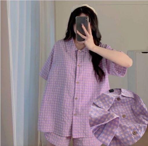 Bộ Đồ Ngủ Pijama Kẻ Caro Quần Ngắn Áo Ngắn Nhiều Màu Chất Đũi Nhăn