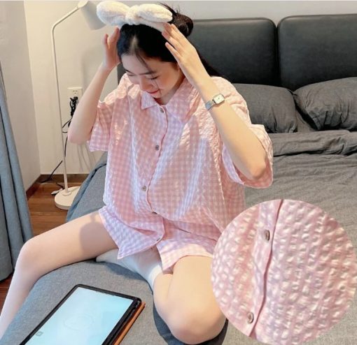 Bộ Đồ Ngủ Pijama Kẻ Caro Quần Ngắn Áo Ngắn Nhiều Màu Chất Đũi Nhăn