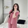 Bộ Đồ Ngủ Pijama Kẻ Caro Thắt Nơ Xinh Xắn Áo Tay Cộc Quần Cộc
