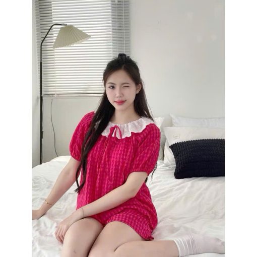 Bộ Đồ Ngủ Pijama Kẻ Caro Thắt Nơ Xinh Xắn Áo Tay Cộc Quần Cộc