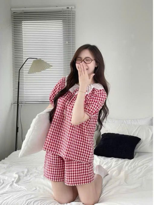 Bộ Đồ Ngủ Pijama Kẻ Caro Thắt Nơ Xinh Xắn Áo Tay Cộc Quần Cộc