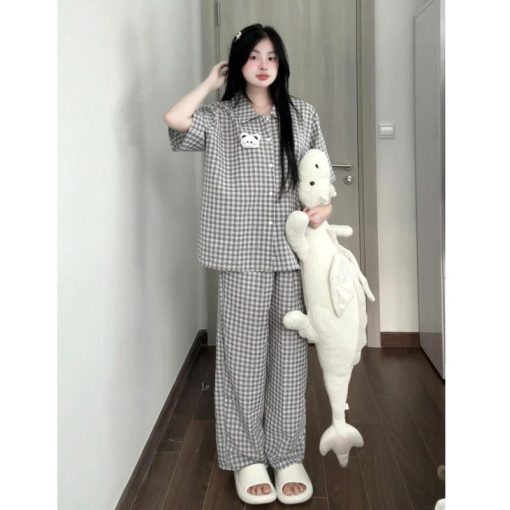 Bộ Đồ Ngủ Pijama Chất Xốp Dáng Dài Họa Tiết Kẻ Ô Vuông