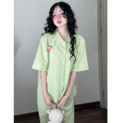 Bộ Đồ Ngủ Pijama Chất Xốp Dáng Dài Họa Tiết Kẻ Ô Vuông