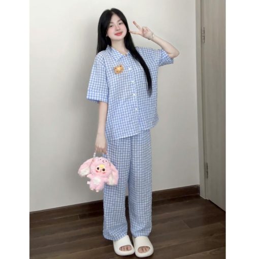 Bộ Đồ Ngủ Pijama Chất Xốp Dáng Dài Họa Tiết Kẻ Ô Vuông