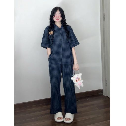 Bộ Đồ Ngủ Pijama Chất Xốp Dáng Dài Họa Tiết Kẻ Ô Vuông