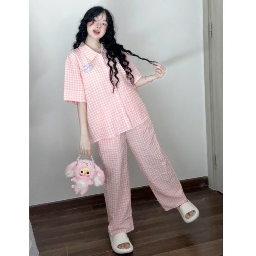 Bộ Đồ Ngủ Pijama Chất Xốp Dáng Dài Họa Tiết Kẻ Ô Vuông