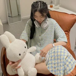 Bộ đồ ngủ kẻ caro quần ngắn áo ngắn nhiều màu chất đũi nhăn