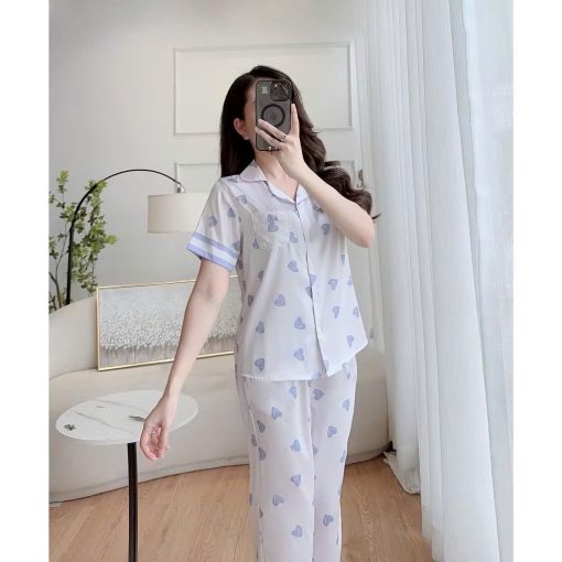 Bộ Pijama Nữ Áo Cộc Quần Dài Lụa Mát Lạnh Nhiều Họa Tiết Thanh Lịch Dễ Thương