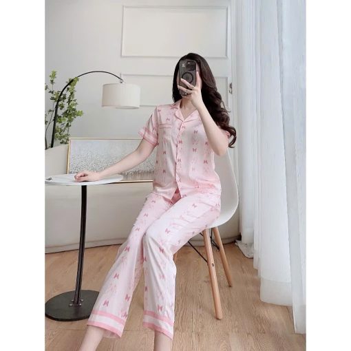 Bộ Pijama Nữ Áo Cộc Quần Dài Lụa Mát Lạnh Nhiều Họa Tiết Thanh Lịch Dễ Thương