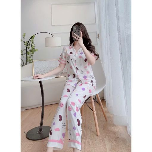 Bộ Pijama Nữ Áo Cộc Quần Dài Lụa Mát Lạnh Nhiều Họa Tiết Thanh Lịch Dễ Thương