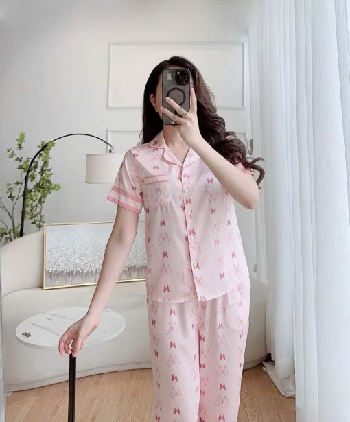 Bộ Pijama Nữ Áo Cộc Quần Dài Lụa Mát Lạnh Nhiều Họa Tiết Thanh Lịch Dễ Thương